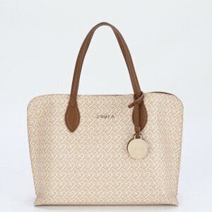 Furla Vittoria Handbag Leather Canvas Tote Beige